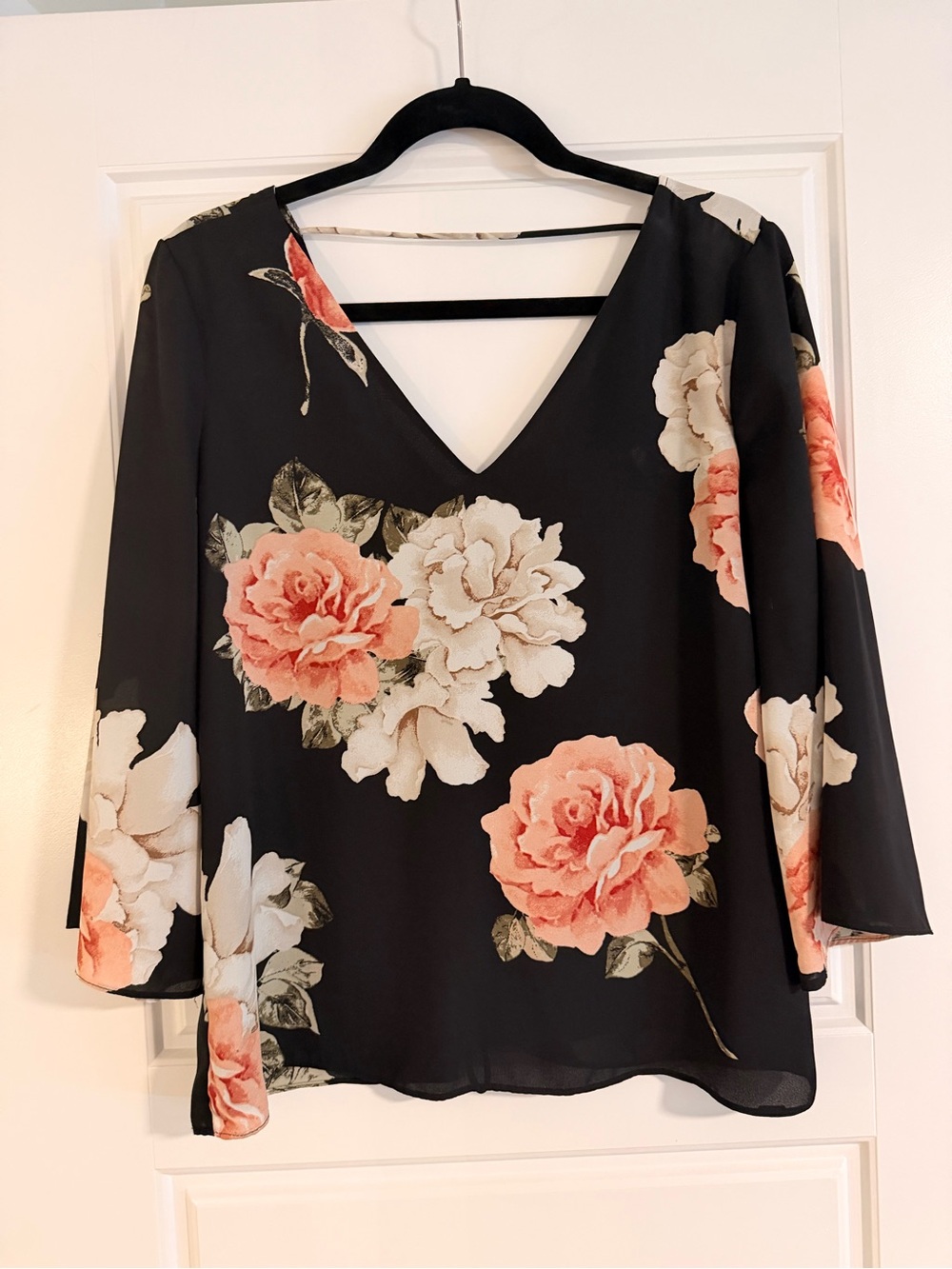 Dynamite Black V-Neck Blouse with Peach and Cream Roses